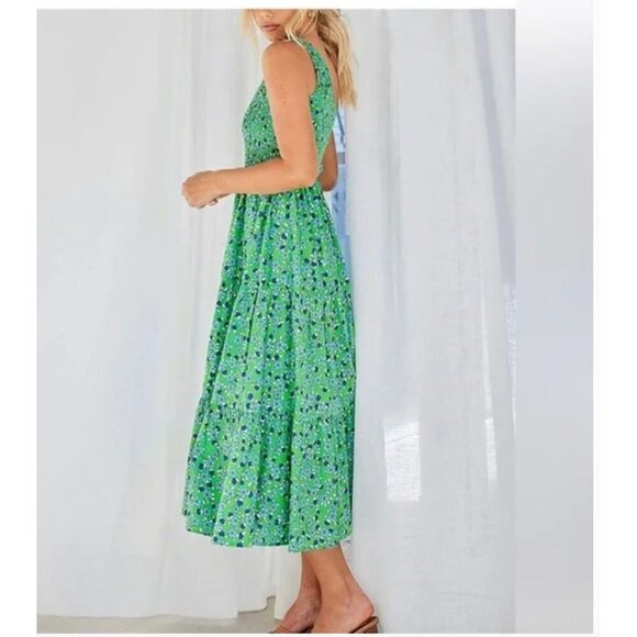 ZESICA One-Shoulder Green Floral Midi Dress Smocked Bodice & Flowy Tiered Skirt - Picture 4 of 13